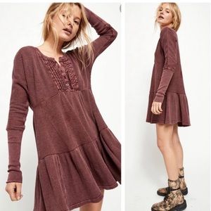 Free People FP One Jolene Long Sleeve Flowy Thermal Knit Mini Dress Sz S in Wine